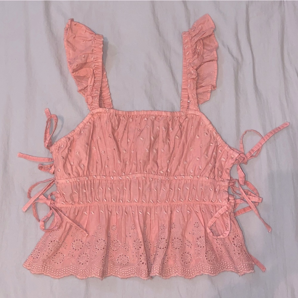 Forever21 Pink 100% Cotton Eyelet Floral Ruffled Crop Top Square Neck Size Small